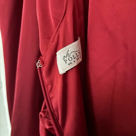 Oh Polly Red Ruched Puff Sleeve Square Neck Satin Effect Holiday Mini Dress - Picture 8 of 13